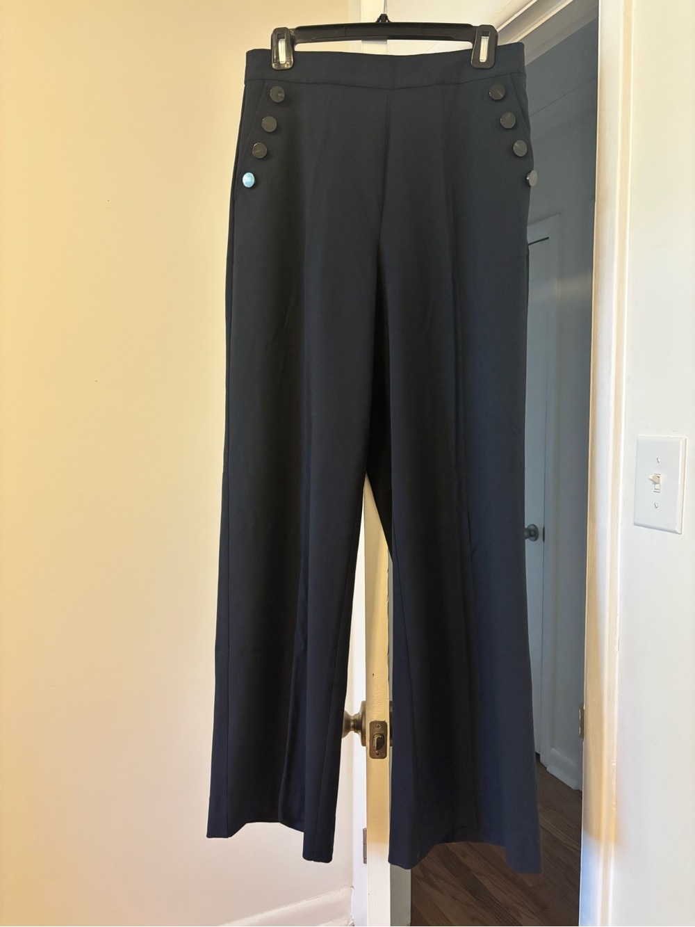Mango Navy High-Waist Wide-Leg Pants with Button Detail